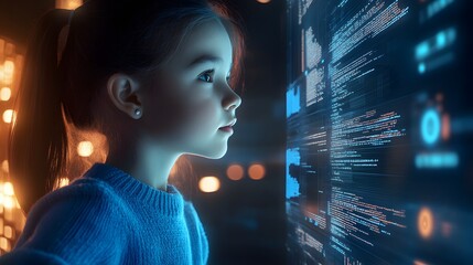 Naklejka premium young girl in a blue sweater is looking at a large data screen, surrounded by complex mathematical formulas and graphs on digital screens