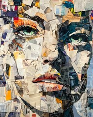 Fototapeta premium a human face, partially obscured and composed of torn and layered newspaper clippings. The clippings are in various colors, textures, and fonts, creating