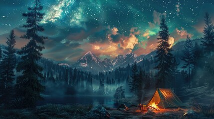 Obraz premium A Campsite Beneath a Starry Night Sky in a Mountainous Forest