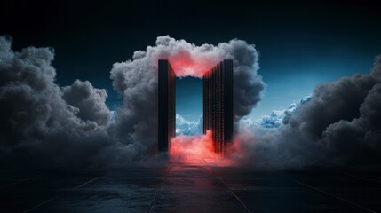 A surreal portal emerging from clouds, evoking a sense of mystery and exploration.