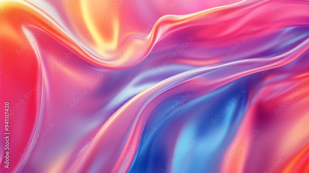 Poster flowing colorful fabric with smooth and shiny textures in abstract waves