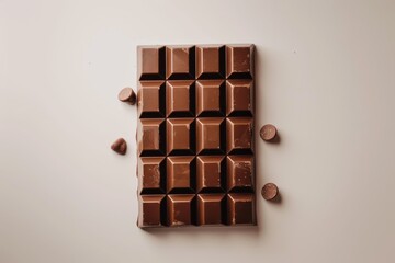 Obraz premium A close-up of a milk chocolate bar with chocolate chips scattered around it. The chocolate is smooth and glossy, and the chips are small and round.