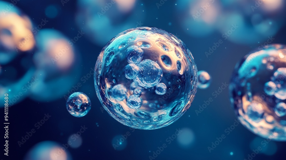 Poster 3d rendering of transparent bubbles floating in a dark blue liquid, reflecting light