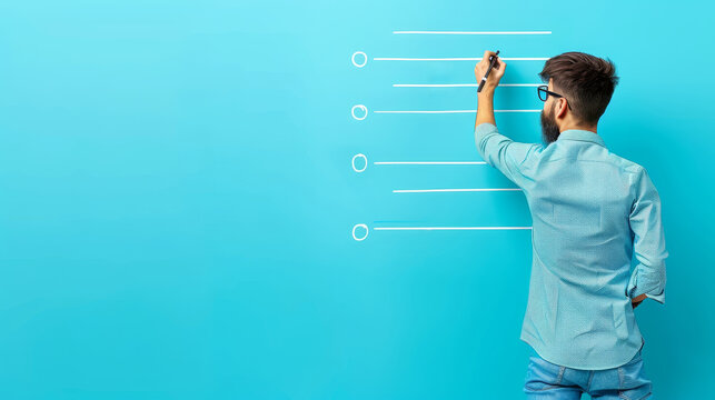 Man Writing Checklist on Blue Wall