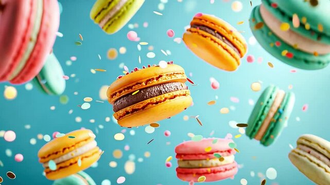 Close up colorful macarons flying on blue background, Colorful pastries in the air with confetti. Delightful and colorful french cookies	