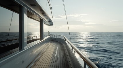 Fototapeta premium The side view of a yacht gliding through the ocean at sunrise, with a tranquil expanse of water reflecting the early morning light.