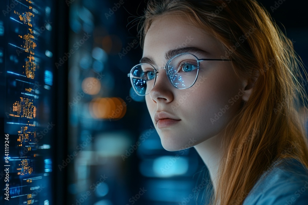 Poster young woman with glasses analyzing code, focused programmer working on transparent digital screen