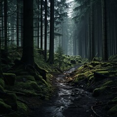Obraz premium Mystical creek flowing through a dark enchanted forest with moss-covered trees and rocks
