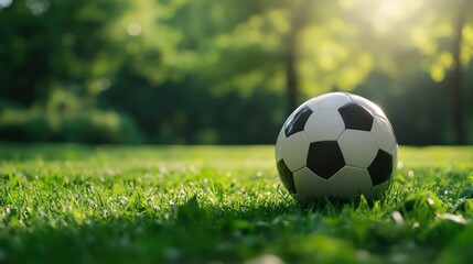 Fototapeta premium A soccer ball rests on a lush green field, bathed in the warm glow of the sun.