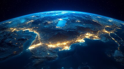 View of Earth from space at night with brightly lit cities and blue-hued atmosphere