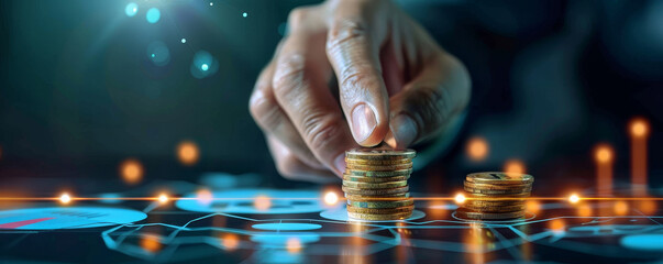 Hand placing coins on a digital chart, symbolizing financial growth