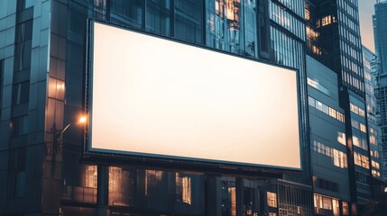 Blank billboard on the side of a modern building in an urban environment