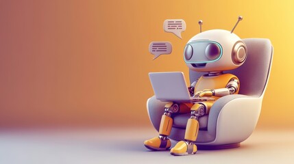 Cute robot talking to customer on laptop, colorful minimalistic 3D illustration