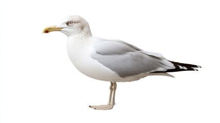 Obraz premium A white seagull with a yellow beak and black wing tips standing on a white background.