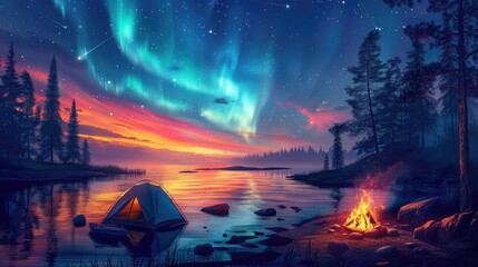 Campsite by the Lake Under a Starry Sky with Aurora Borealis