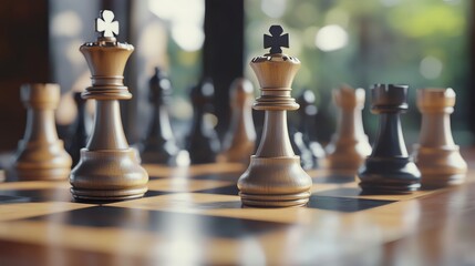 A close-up of a chessboard, with a white king and knight in focus.