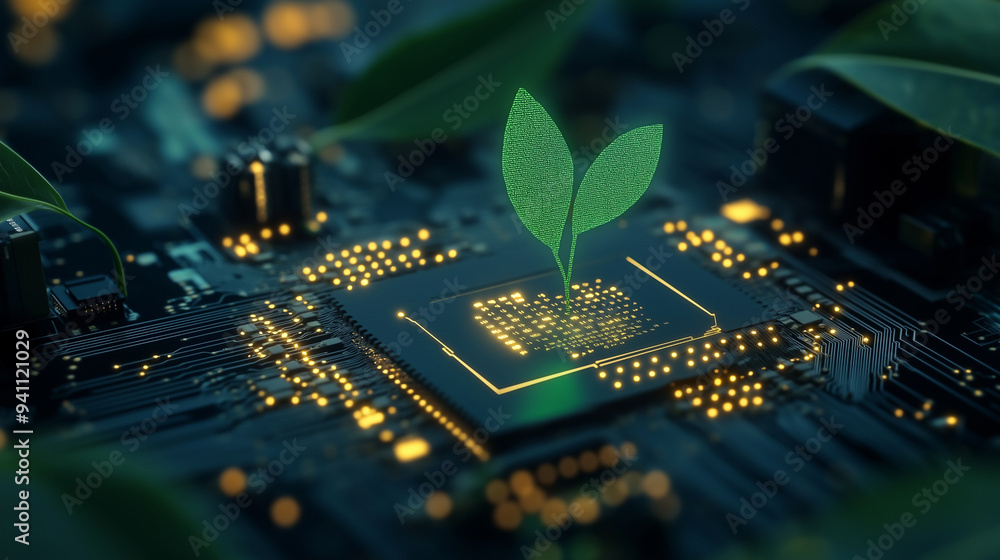 Poster a circuit board with a single green sprout, symbolizing the convergence of digital evolution and org