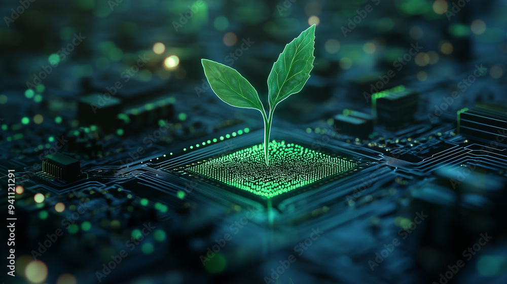 Aufkleber a seedling pushing through the surface of a glowing circuit board, representing the intersection of 