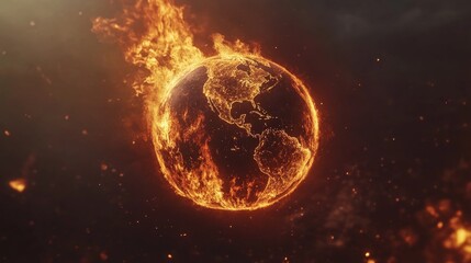 Digital artwork of a burning Earth surrounded by flames and debris against a dark cosmic backdrop