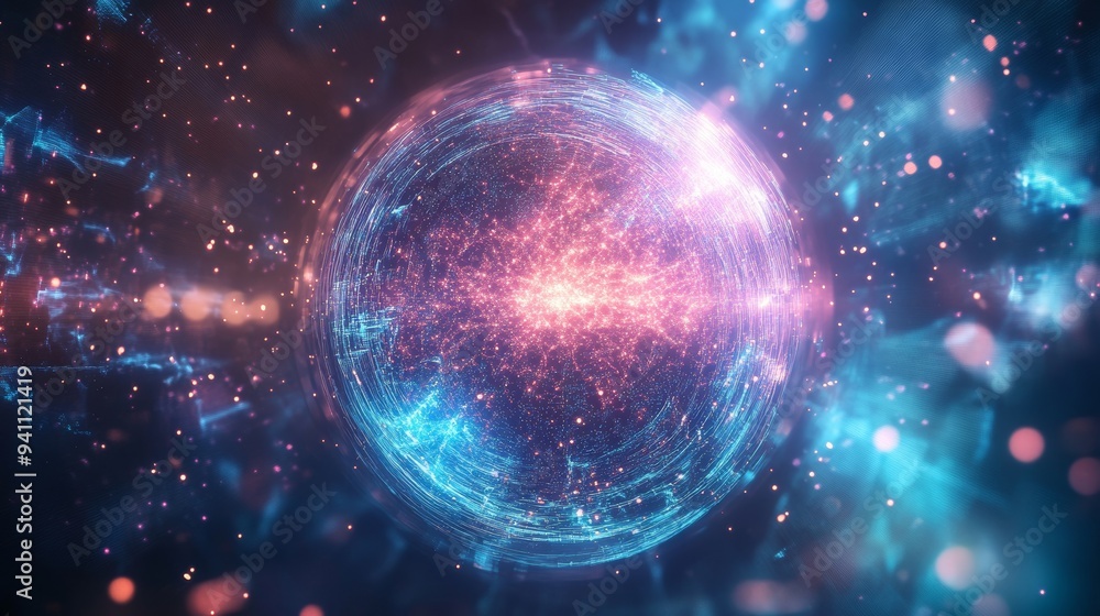 Wall mural abstract space sphere emitting pink and blue energy in space