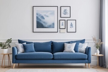 Blue Sofa with Pillows and Artwork in a Modern Living Room