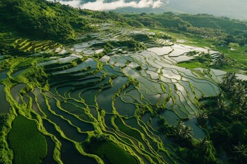 Vibrant green terraced rice fields stretch across rolling hills. Water gleams under the sunlight. A stunning view of nature and agriculture. Generative AI