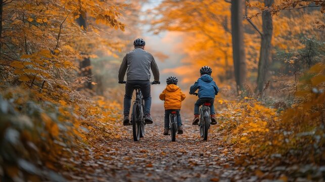 autumn family adventure parents and children cycling through a forest path lined with goldenleaved trees capture the joy of outdoor activities and family bonding in fall colors
