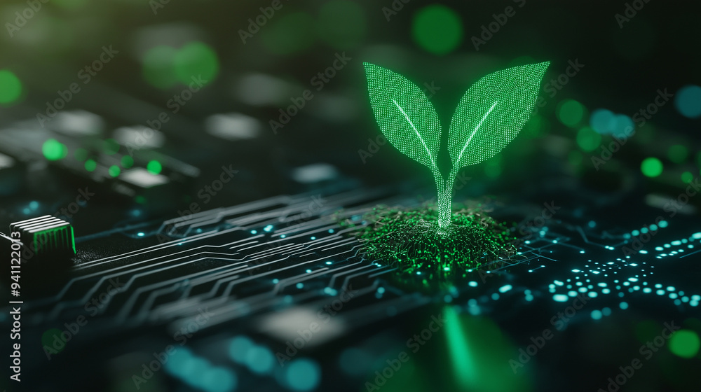 Poster a seedling emerging from the connections of a digital circuit, representing the synergy between natu