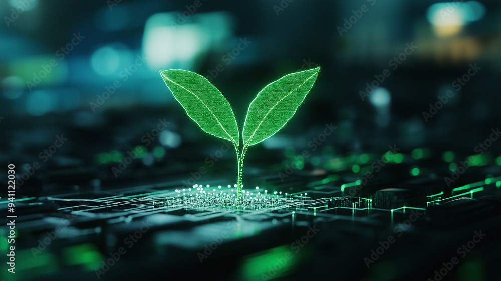 Poster a seedling emerging from the connections of a digital circuit, representing the synergy between natu