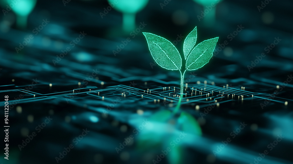 Poster a seedling emerging from the connections of a digital circuit, representing the synergy between natu
