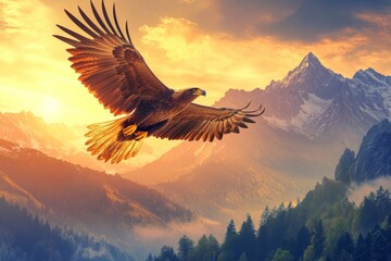 Obraz premium A majestic eagle soars through the colorful sky. The mountains stand tall in the background. Nature is inspiring and powerful. Perfect for landscapes and wildlife themes. Generative AI