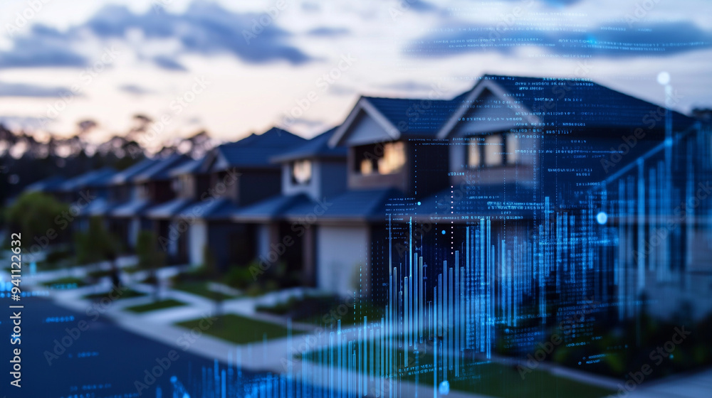 Poster a cluster of newly built houses with a digital chart overlay showing increasing market values, repre