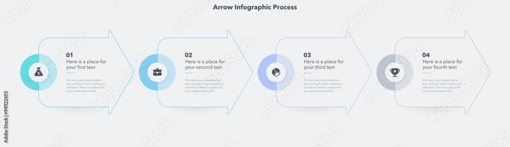 Aufkleber arrow infographic process template with four steps. graphic diagram with numbers, icons and places f