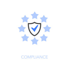 Simple visualised compliance icon symbol with a protect shield and stars around it.