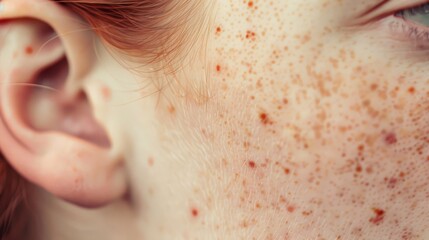 Fototapeta premium Close-up of a freckled face and ear, highlighting the natural beauty and distinctive texture of freckles under soft lighting.