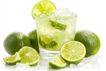 Refreshing Cold Cocktail with Lime , Ice and Mint on a White Background. Summer Drink