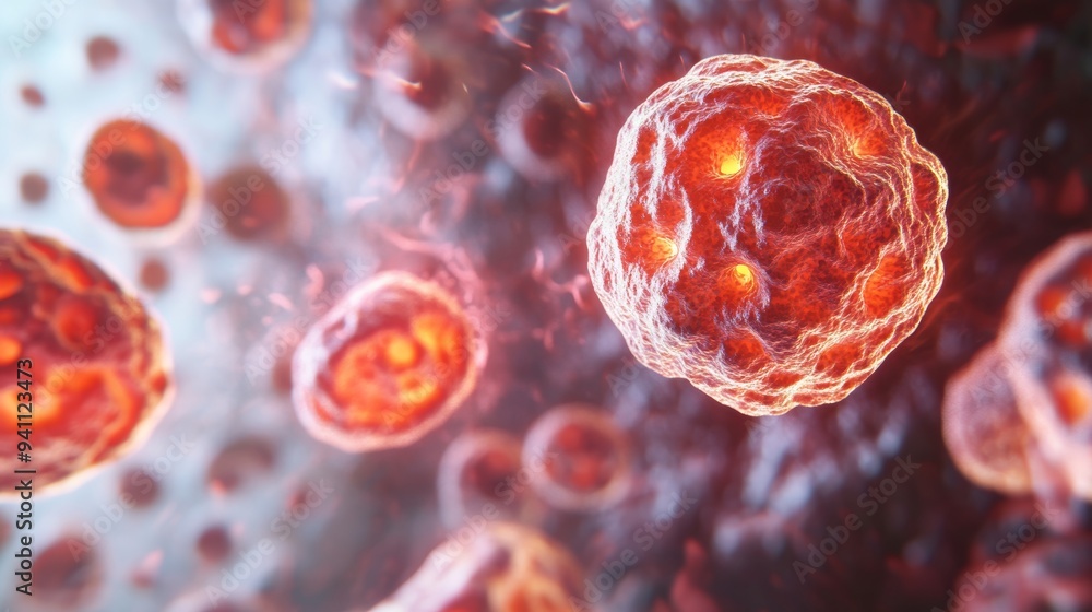Poster 3d rendering of fiery cells floating in space with a glowing nucleus
