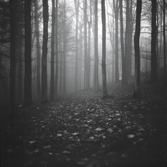 Fototapeta premium Dark and Foggy Forest with Haunting Atmosphere