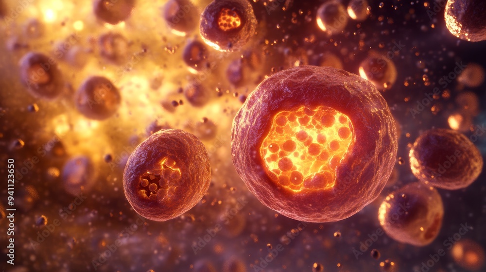 Poster 3d rendering of fiery cells floating in space with a glowing nucleus