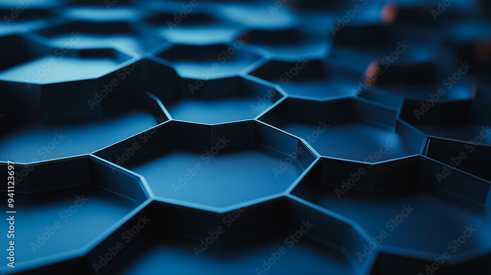Poster a blue and black image of a hexagonal pattern. the image is abstract and has a futuristic feel to it
