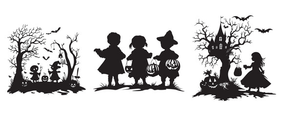 Set of Trick or Treat A Sneak Peek into Halloween silhouette illustration vector isolated on white background