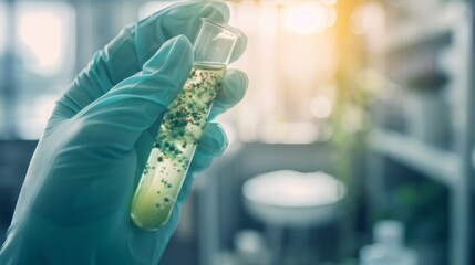 A gloved hand holds a test tube filled with greenish liquid and particles, illuminated by bright laboratory lighting, signifying scientific research in progress.