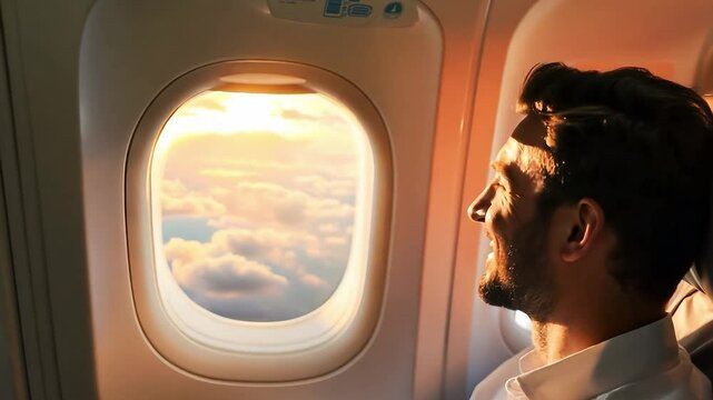 Businessman open the window of the plane to see the view outside from seat. Smile and enjoy the journey	
