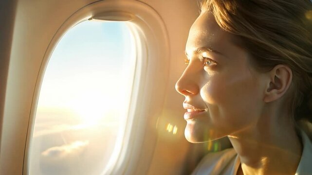Young businesswoman open the window of the plane to see the view outside from seat. Smile and enjoy the journey	