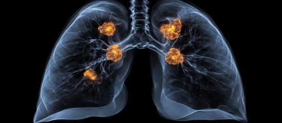 Detailed Medical Illustration of Human Lungs with Highlighted Tumor Growths on a Black Background