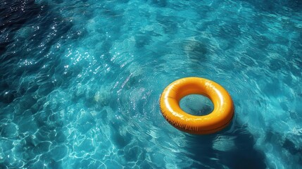 bright yellow pool float drifting in crystal clear blue water overhead view captures ripples and reflections minimalist summer scene with strong color contrast and refreshing vibe
