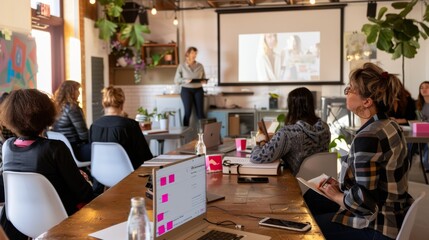 A group of people engaged in a lively meeting in a creatively decorated room, suggesting collaboration and brainstorming.