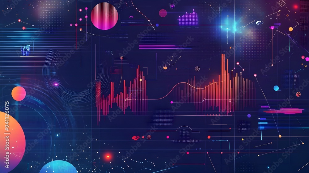 Poster a modern background with abstract shapes and data visualizations, such as charts and graphs. perfect