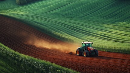 Red Tractor Plowing a Verdant Field at Sunset with Rolling Hills in the Background