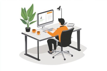 A modern workspace featuring a person working at a desk. The setting includes a computer, plants, and minimalistic decor. Ideal for office, remote work, and productivity themes. Generative AI